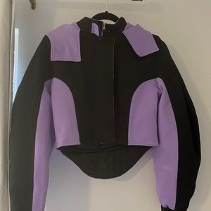 purple and black color locked hooded jacket